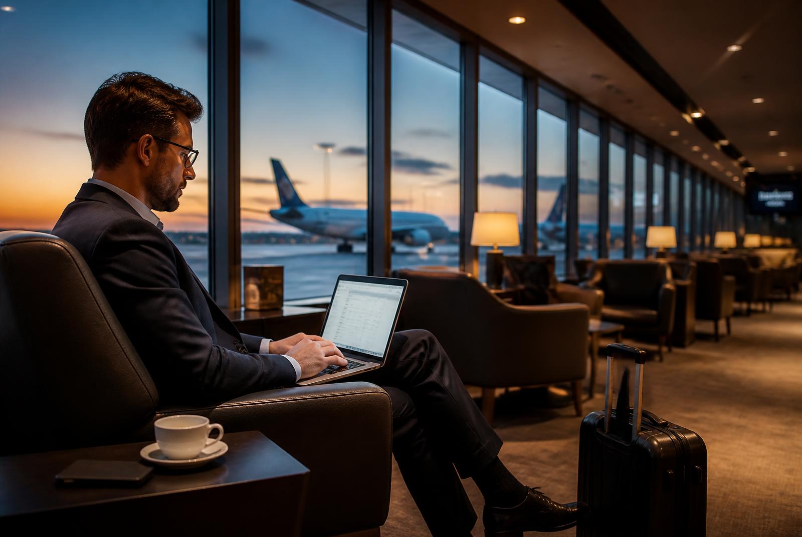 Business traveler working in an airport lounge at dusk