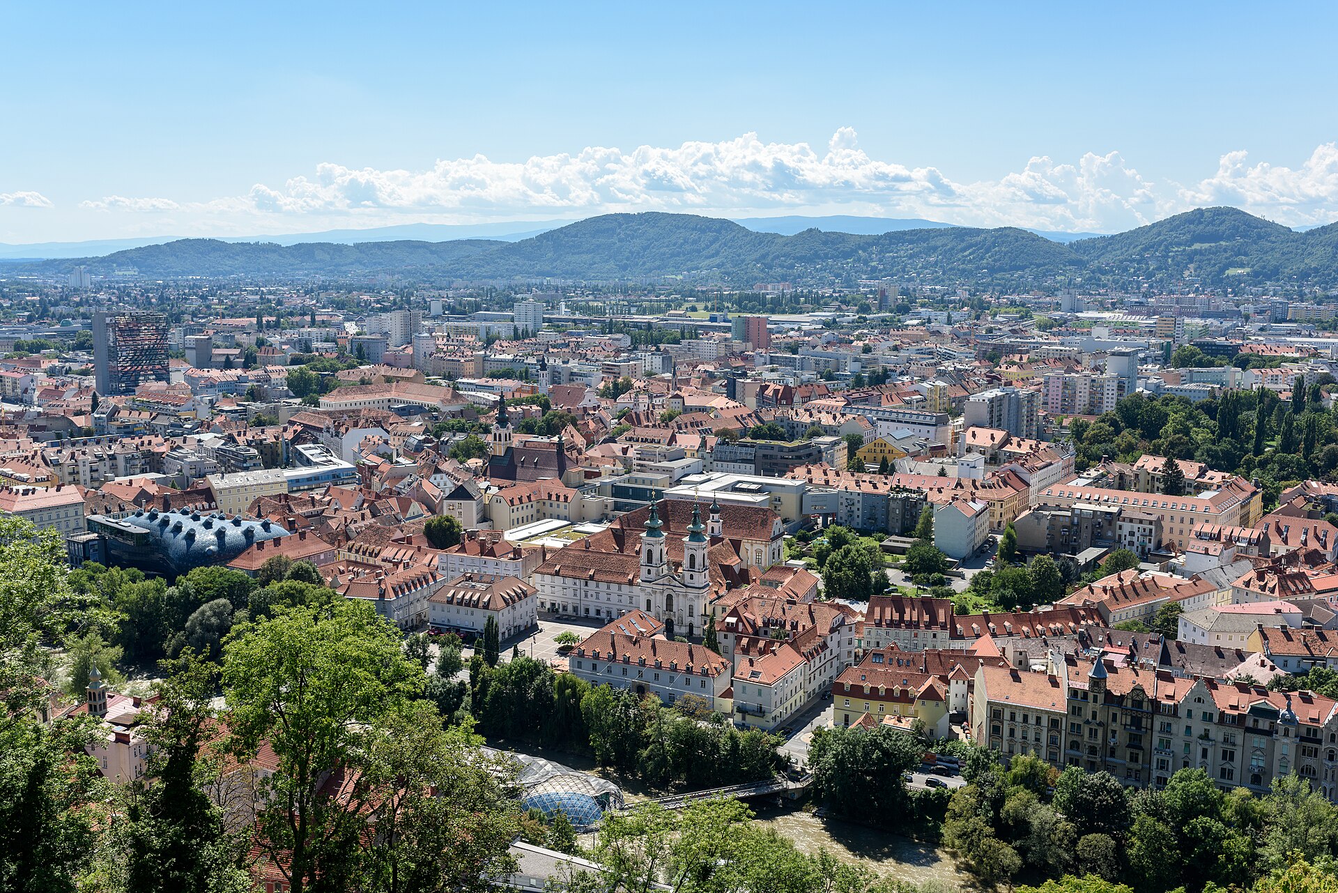Graz old town with its clock tower on the hill
