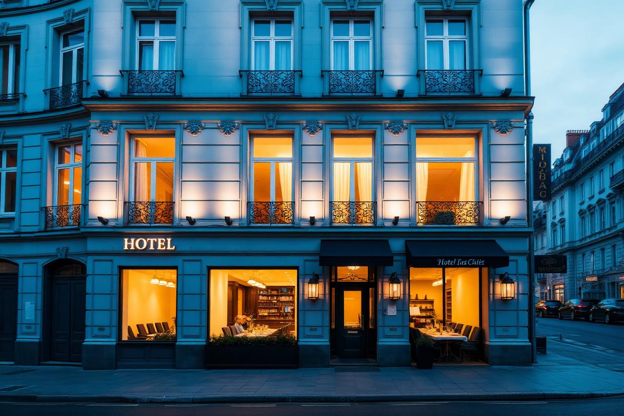 Elegant boutique hotel facade lit at blue hour on a European street