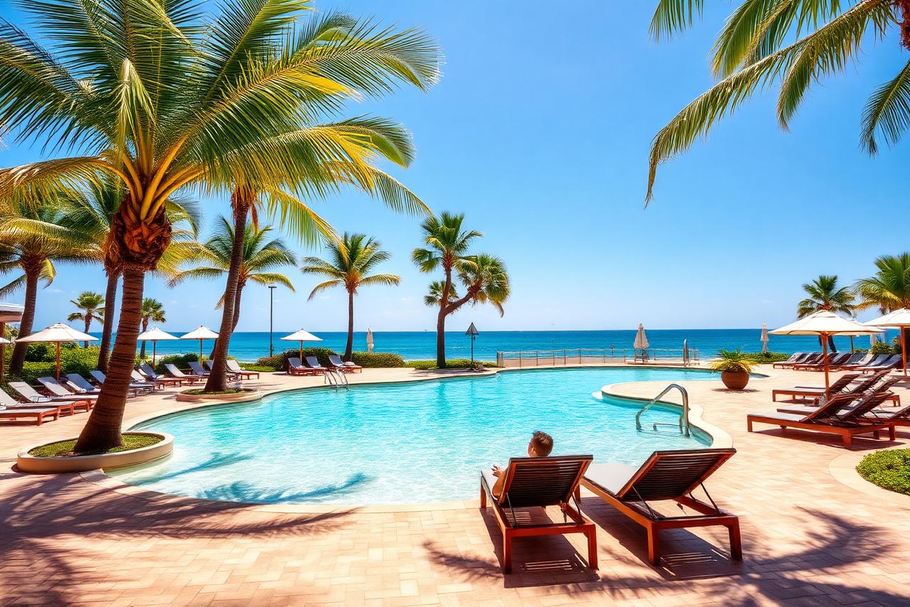 Palm-lined resort pool deck beside the ocean on a sunny day