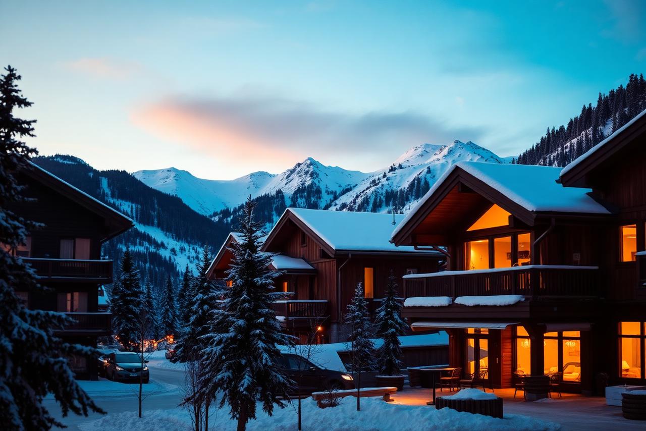 Alpine ski lodge with lit windows and snowy peaks behind at dusk