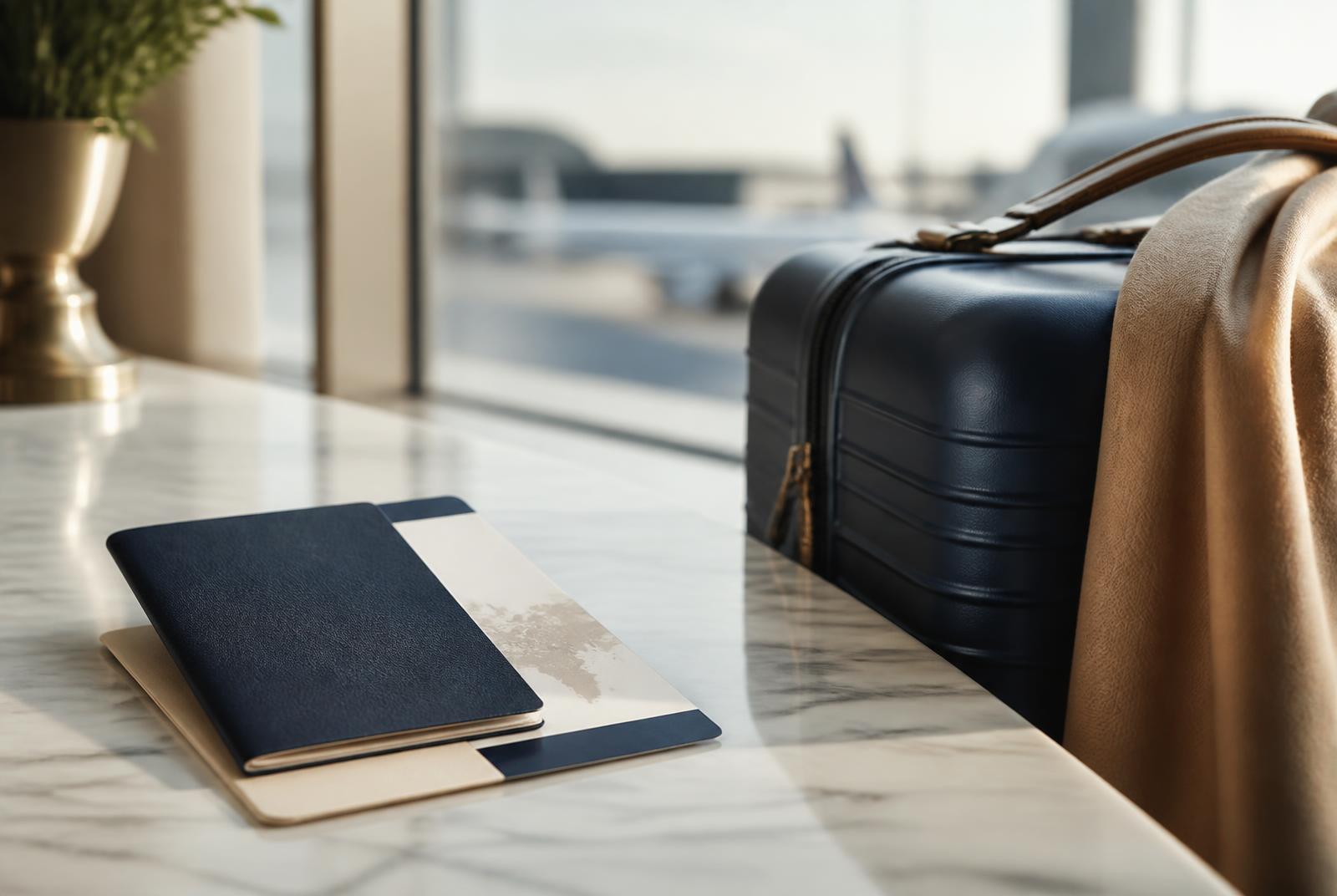 Passport, boarding pass, and a suitcase beside an airport window before a flight