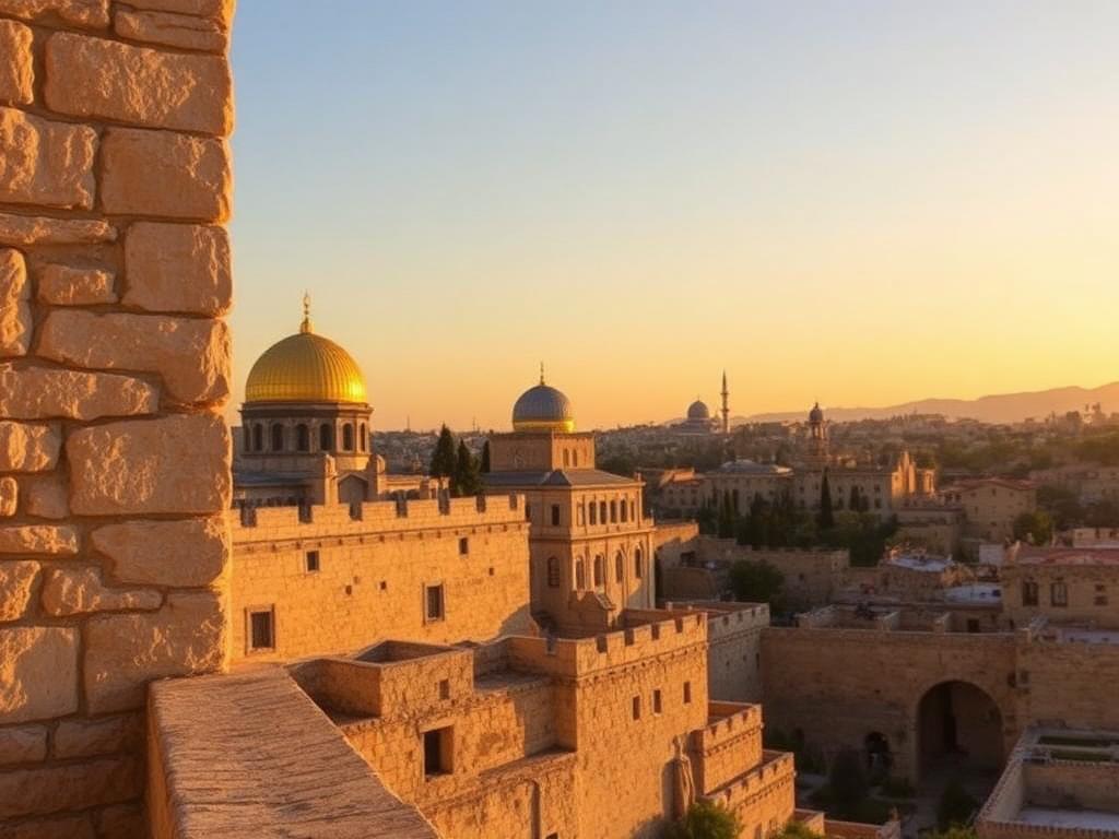 Jerusalem old city stonework and skyline at golden hour