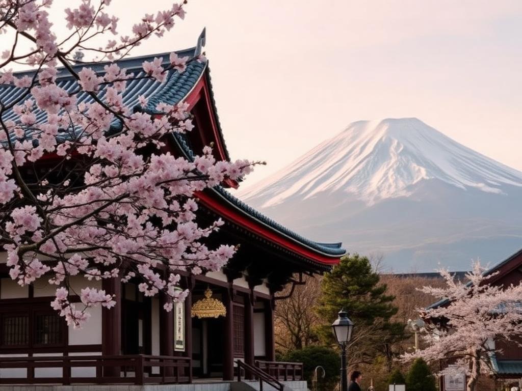 Japanese temple with cherry blossoms and Mount Fuji