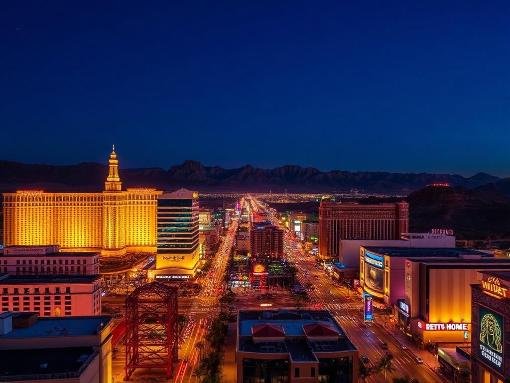 Las Vegas strip lit up at night with desert mountains beyond