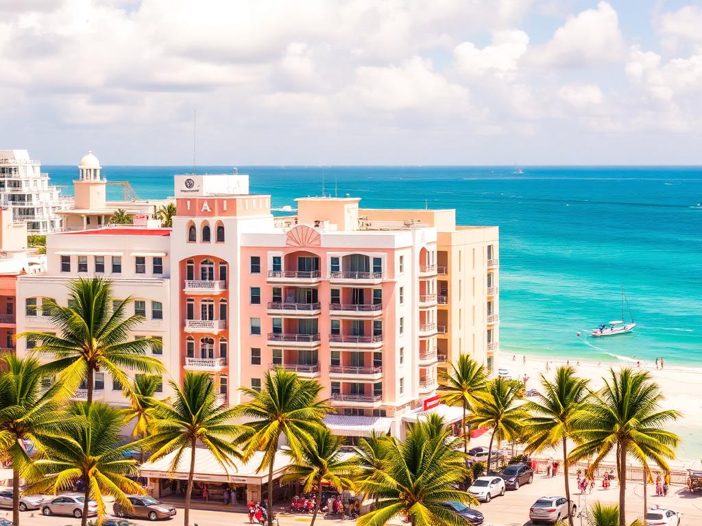 Miami Beach art deco buildings, palms and turquoise ocean