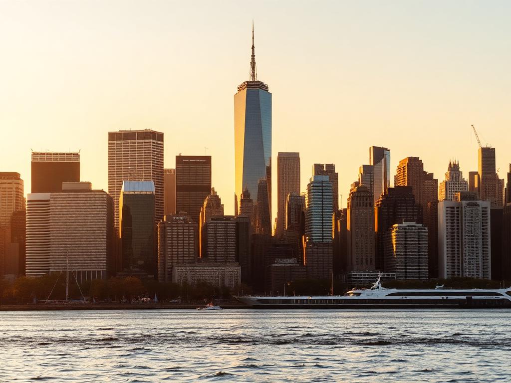 Manhattan skyline at golden hour seen from the water