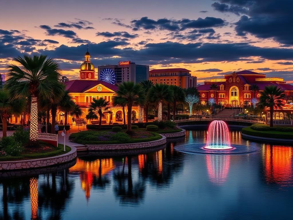 Orlando waterfront at dusk with palms and colorful lights