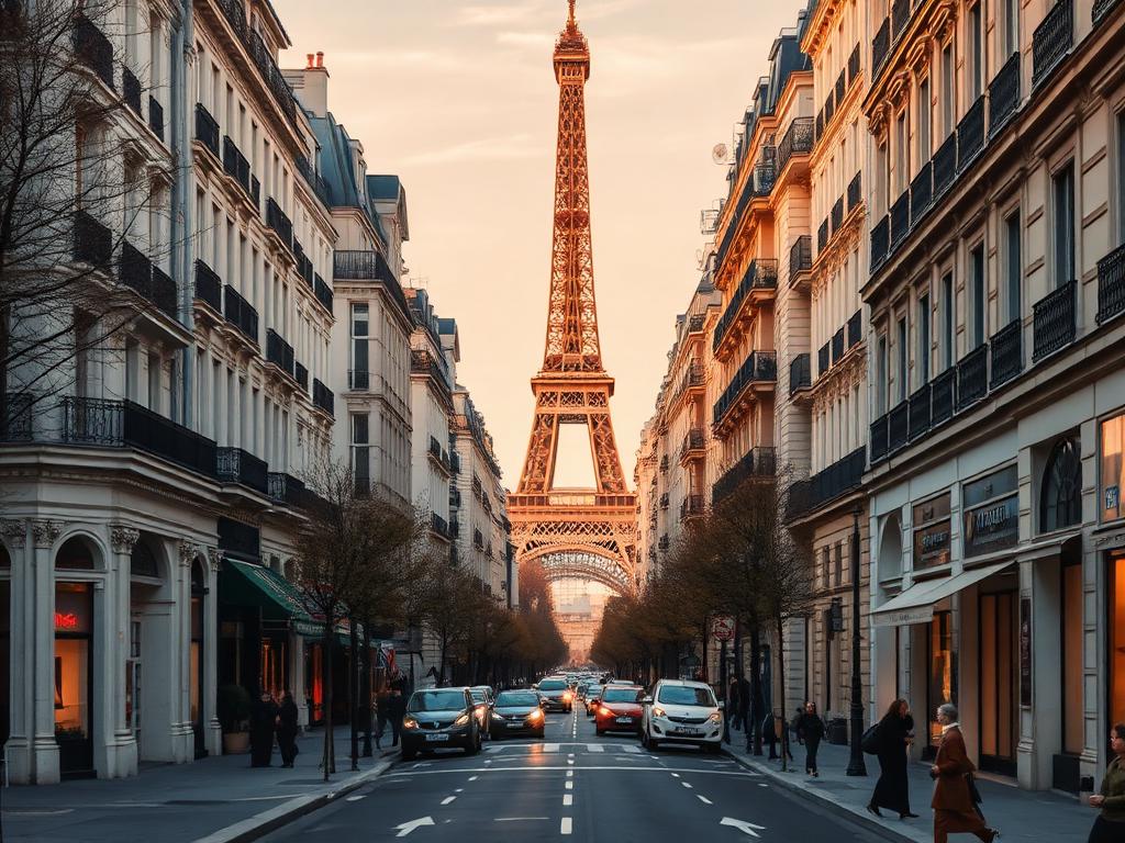 Paris boulevard with the Eiffel Tower in the distance