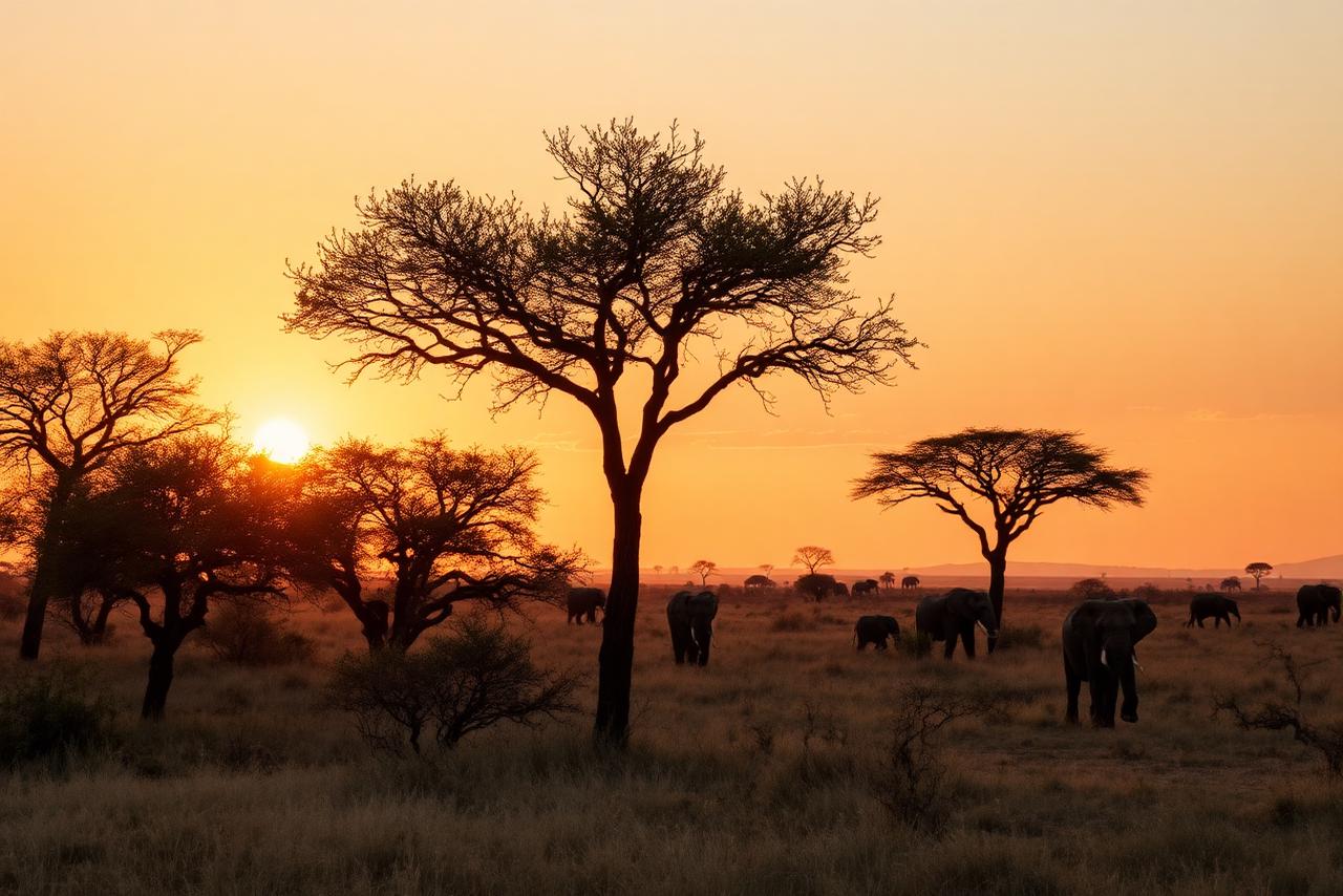 Safari landscape at sunrise with acacia trees