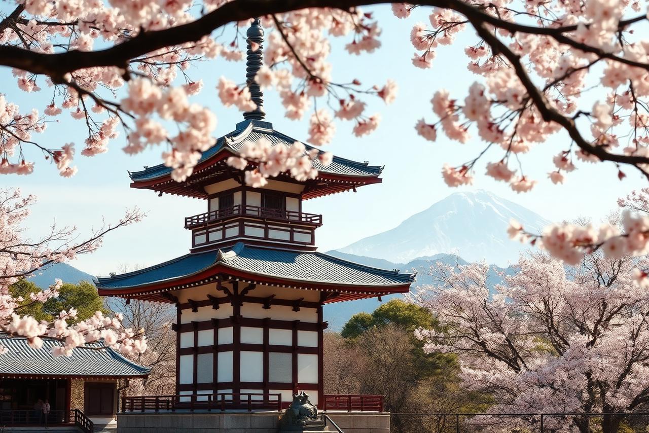 Traditional Asian temple framed by cherry blossoms
