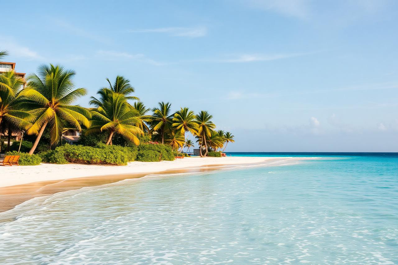 Turquoise Caribbean water and a white sand beach lined with palms