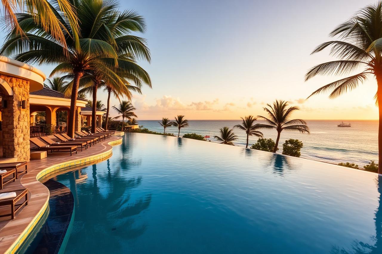 Resort pool overlooking the Caribbean coast of Mexico
