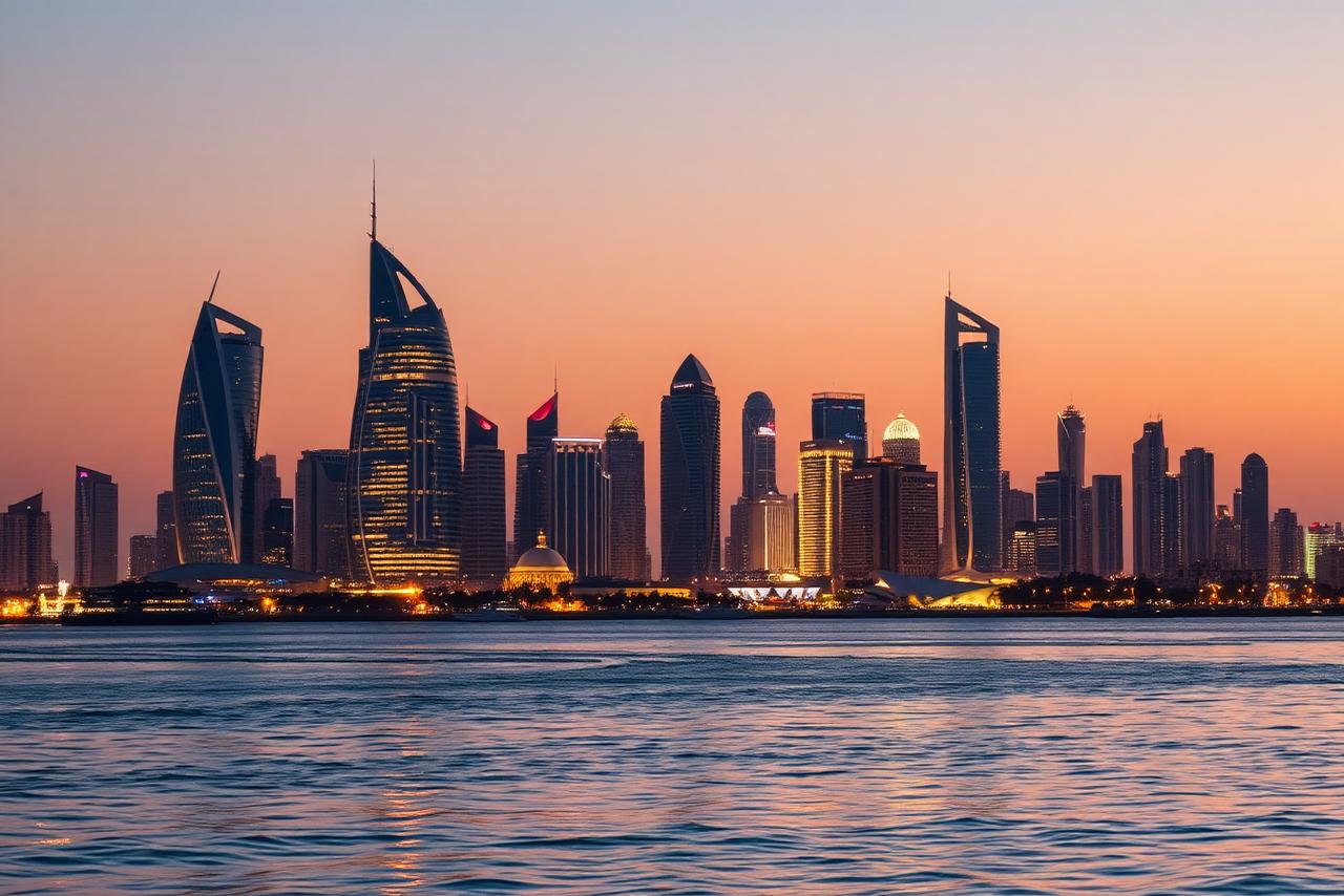 Modern skyline at dusk in the Middle East
