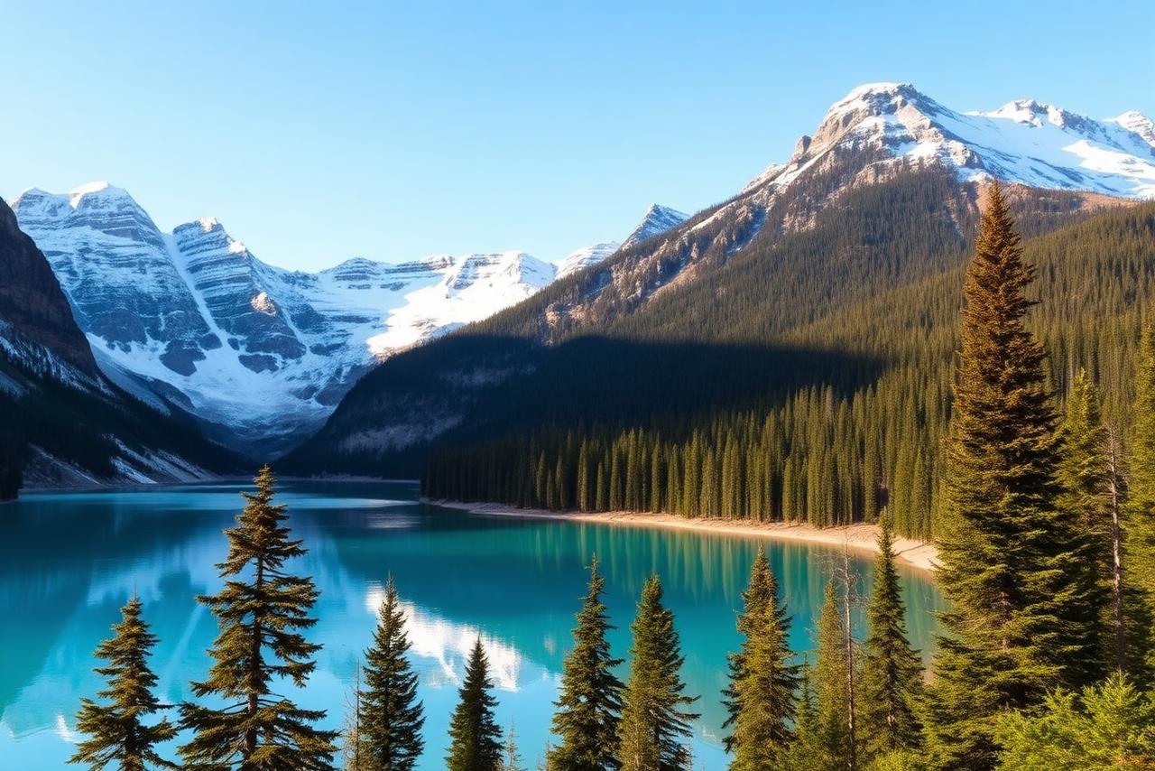 Mountain lake surrounded by pine forest in the Canadian Rockies