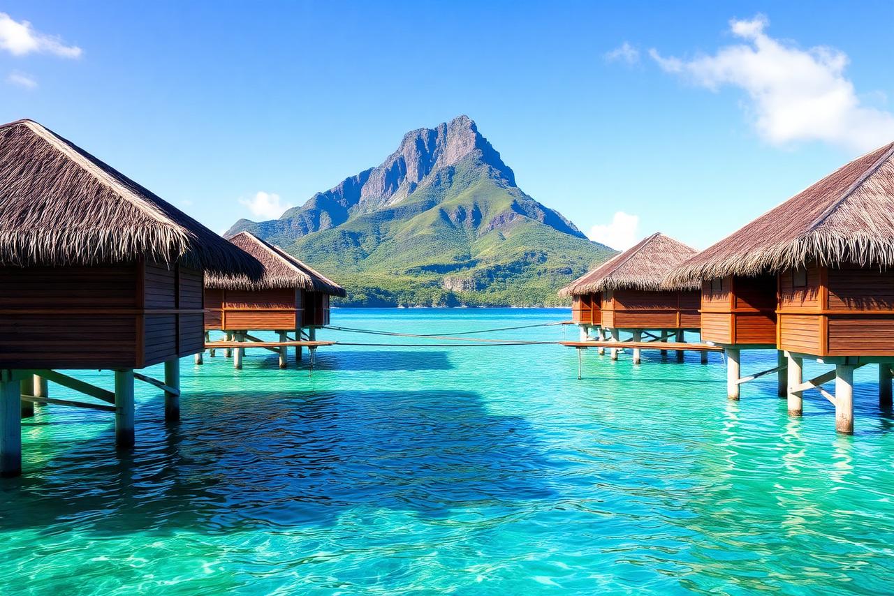 Overwater bungalows above a clear lagoon