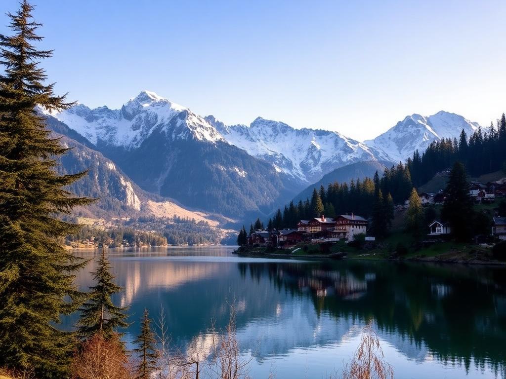 Swiss alpine lake and chalet village below snowy peaks