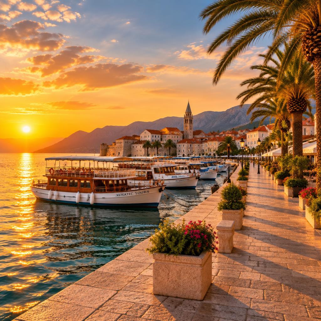 Tour boats and palm trees along a seaside promenade at sunset